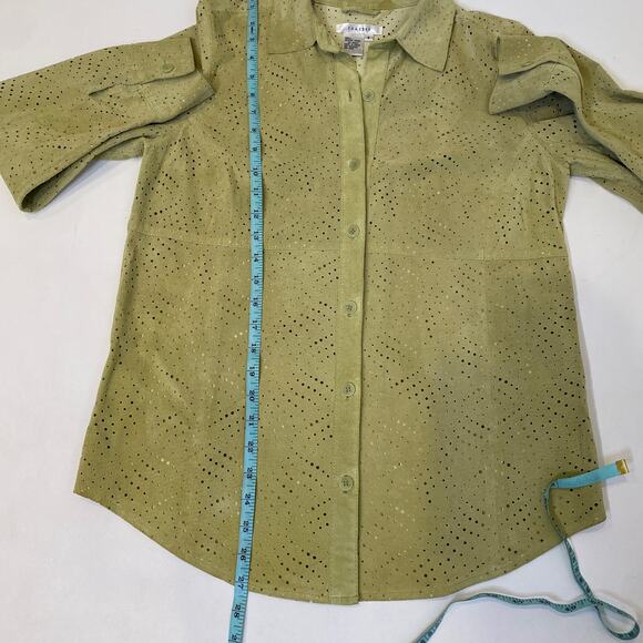 Co & Eddy Light Green Suede Eyelet Button Down Collared Shirt Sz 6 Leather - Picture 13 of 14